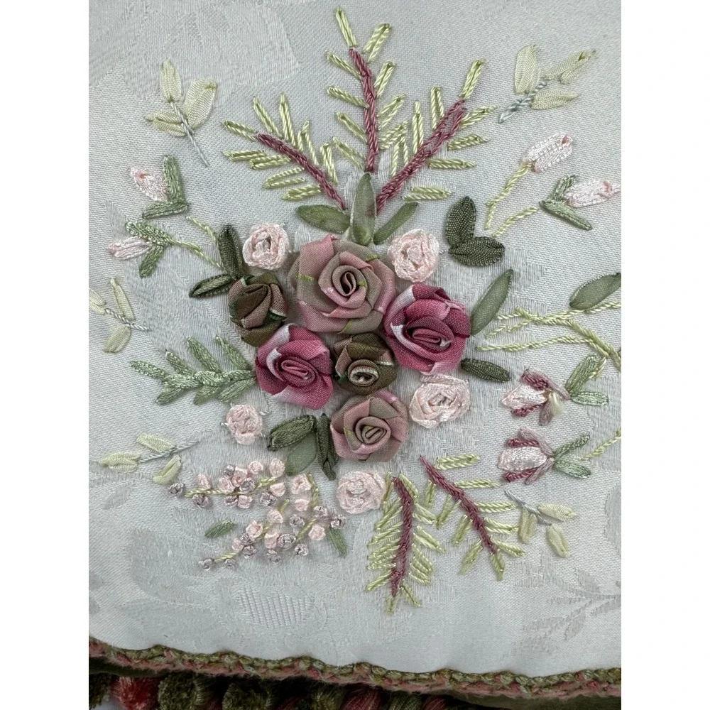 Vintage Silk Ribbon Embroidery Floral Velvet Tassel Trim Throw Pillow Green Pink